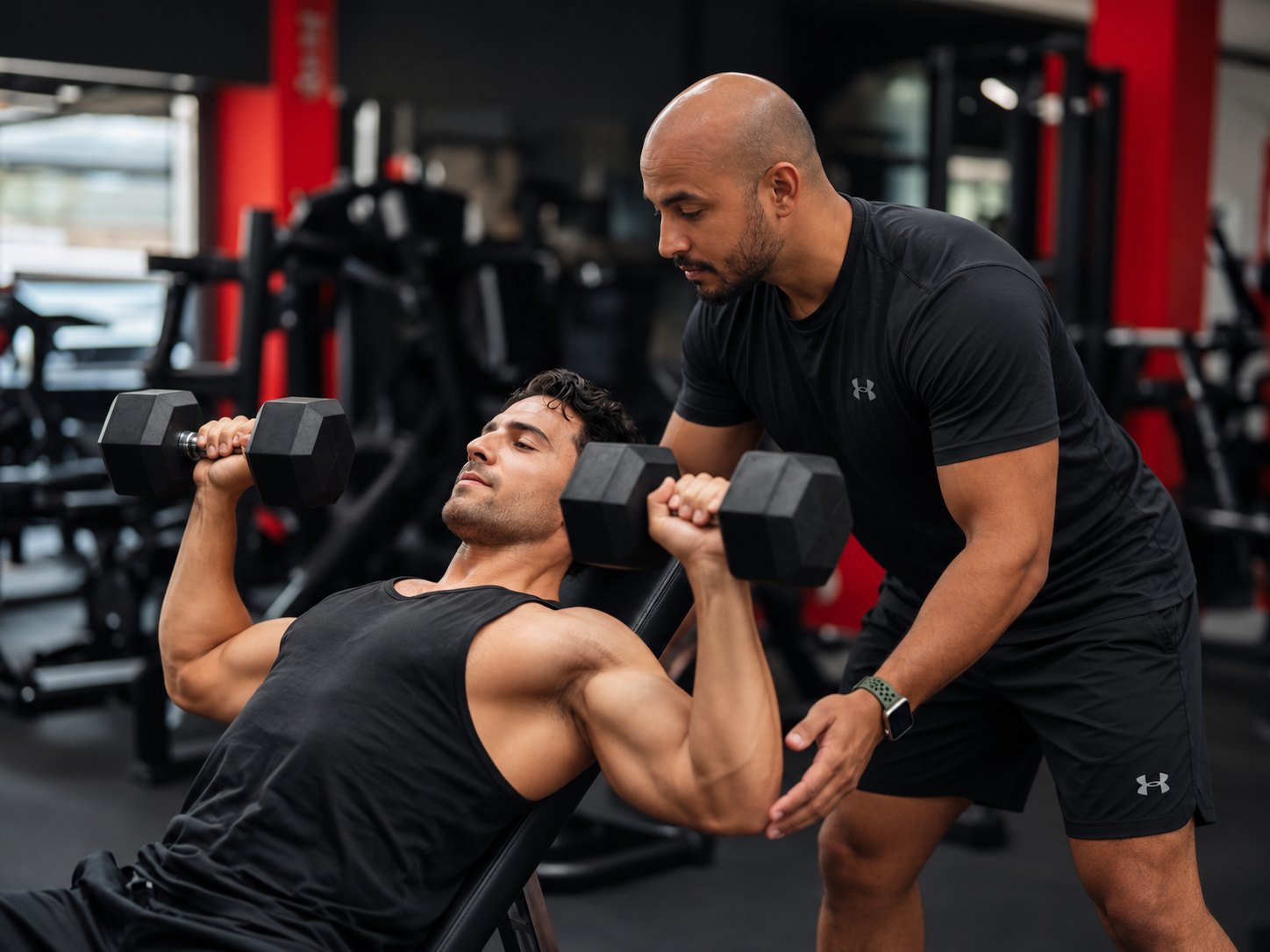 Personal trainer coaching a client with weights in a modern gym