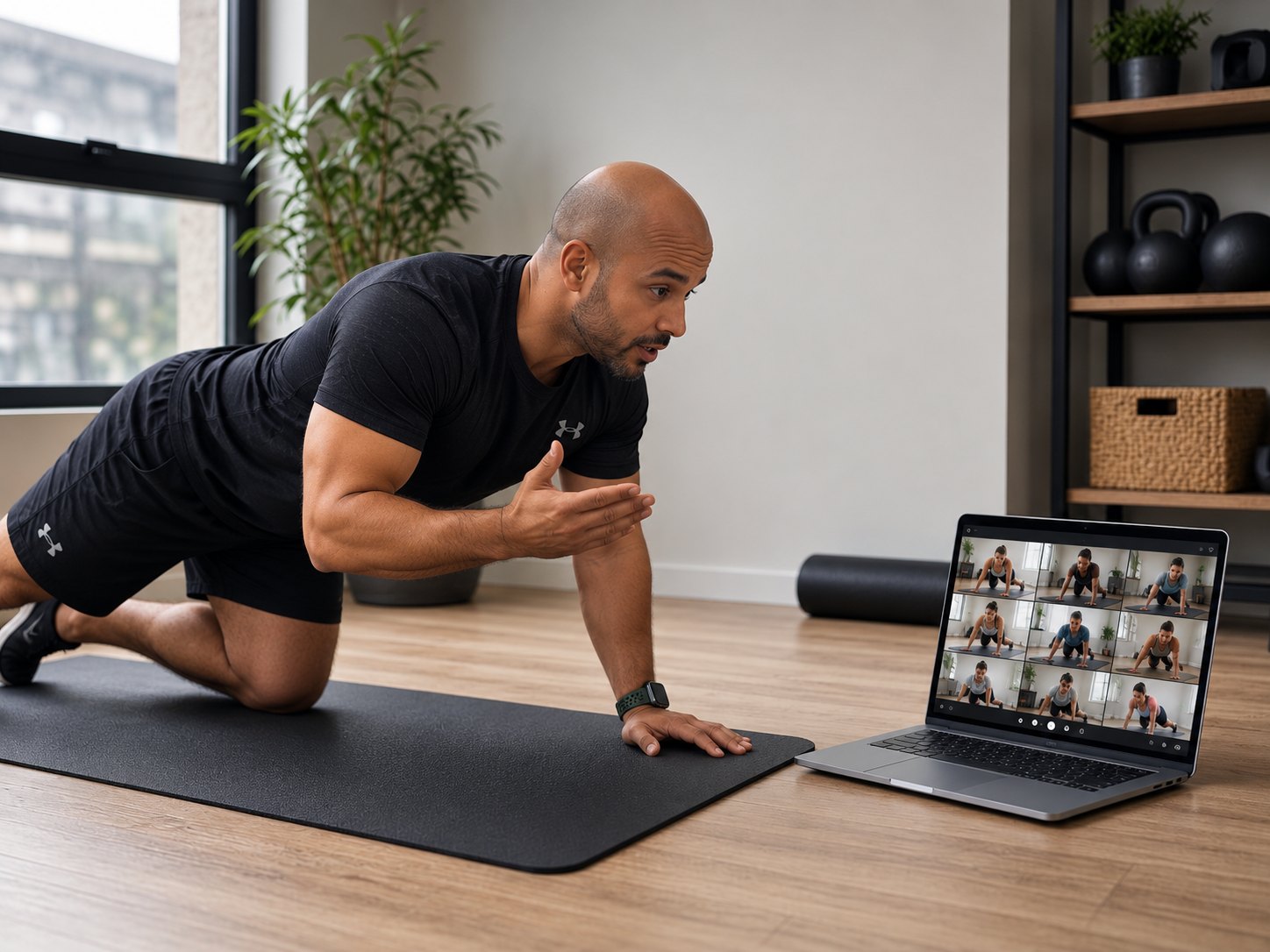Athlete training at home with laptop for a live online coaching session